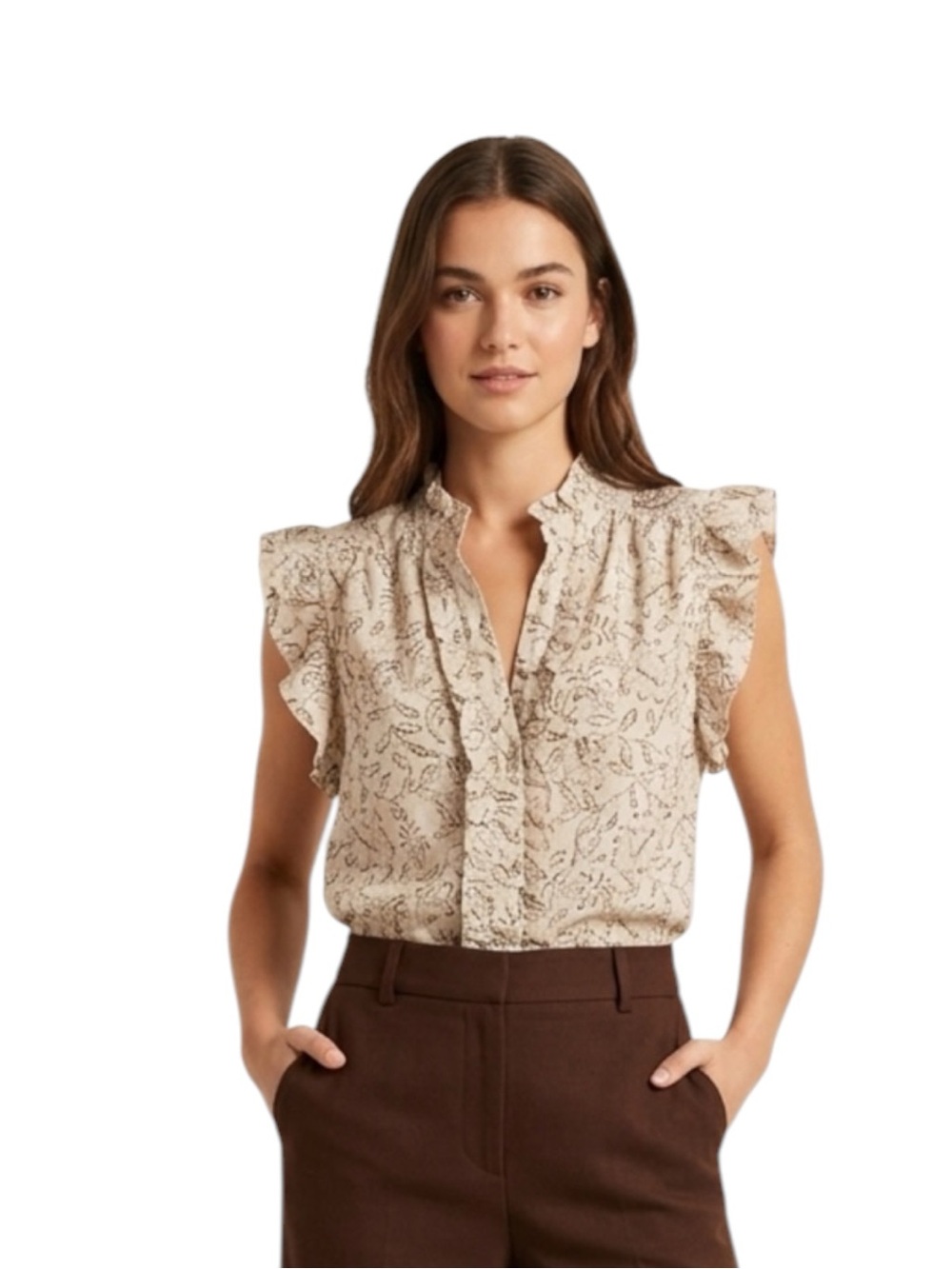 dylan Anthropologie Cream Brown Ruffle Sleeve Linen Blend Blouse Size M
